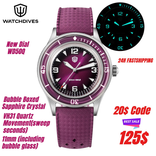 Watchdives WD50Q 38mm Watch Stainless Stee VH31 Sweep Seconds Quartz Movement Men Watches Bubble Sapphire Luminous Waterproof