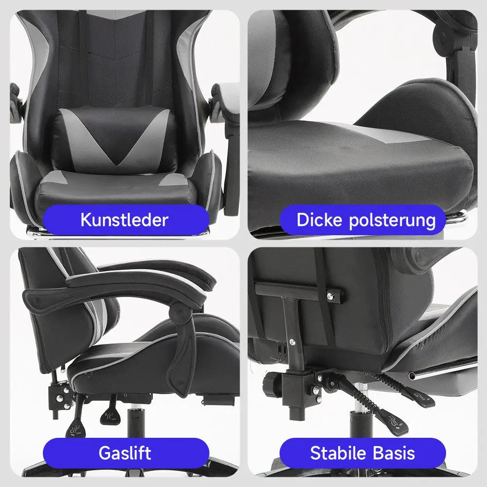 Ergonomic Gaming Chair with Lumbar Support, PU Leather Office Chair, Adjustable Height Computer Chair with Headrest, 360° Swivel