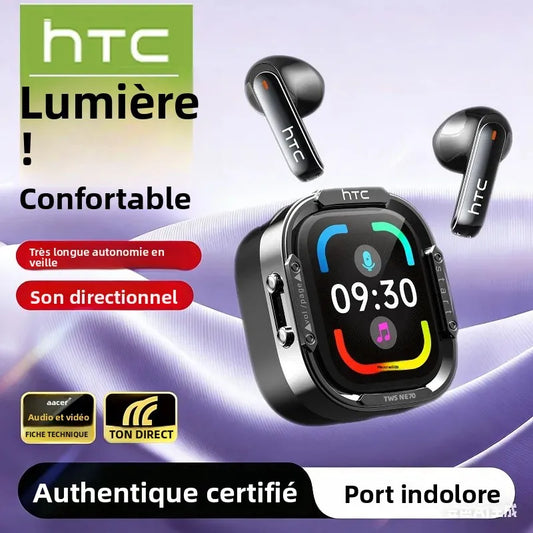 HTC NE70 Bluetooth 5.3 TWS Earbuds Touch Screen AI Translator Gaming Earphones with Noise Reduction, Deep Bass Wireless In-Ear Headphones