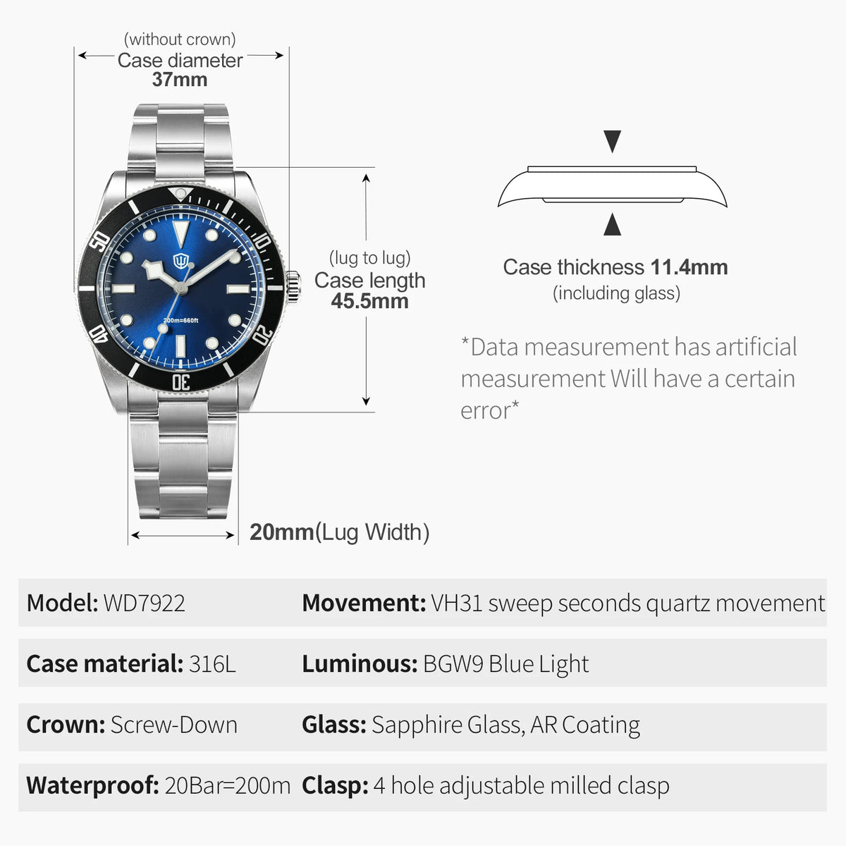 Watchdives WD7922 Quartz Watch Men VH31 Movement Sapphire Crystal 200m Waterproof Wristwatch Luminous 37mm Vintage BB54 Watches
