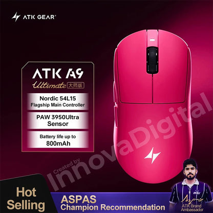 ATK Dragonfly A9 Ultimate vezeték nélküli gaming egér A9 Air PAW3950, ultrakönnyű ergonomikus e-sport gamer FPS egér CSGO-hoz, A9 Ultra