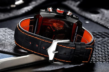 Automatic Watches for Men Mechanical Genuine Leather Stainless Steel Black Orange Blue Casual 40mm Perspective See Through Watch