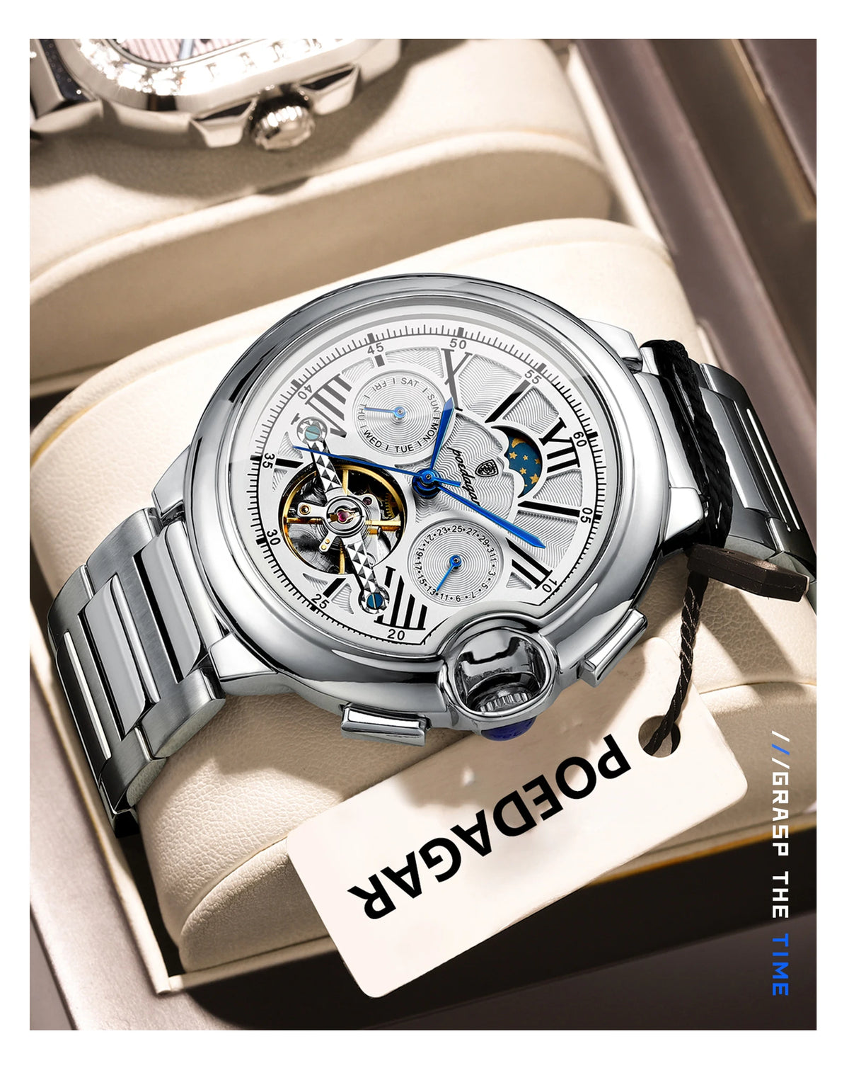 POEDAGAR Luxury Male Watch Tourbillon Date Week Stainless Steel Men Watch Waterproof Automatic Mechanical Military Men's Watches