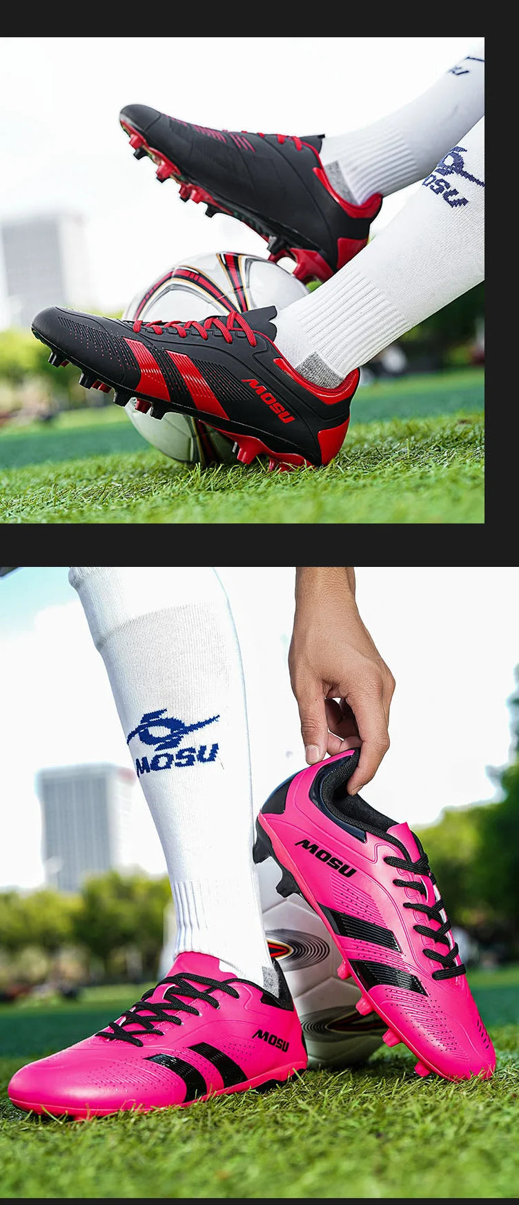 Nové pánské a dámské fotbalové boty pro halové i venkovní sporty, s dlouhými a lomenými kolíky na fotbalový trénink na podložce