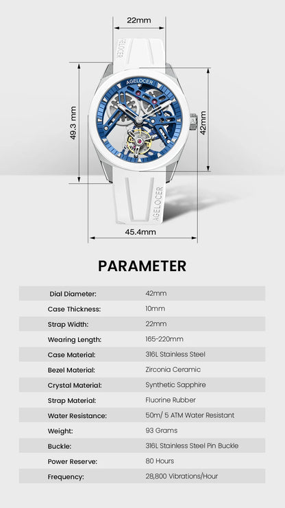 AGELOCER Original Tourbillon Watch Ceramic Bezel Men's Vogue Luxury Skeleton Manual Mechanical Watch Birthday Gift for Men