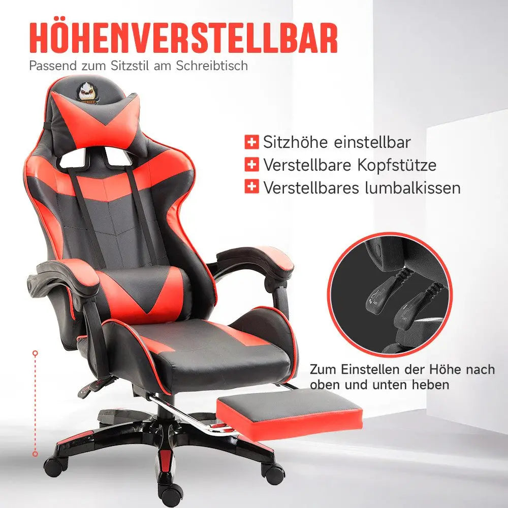 Ergonomic Gaming Chair with Lumbar Support, PU Leather Office Chair, Adjustable Height Computer Chair with Headrest, 360° Swivel