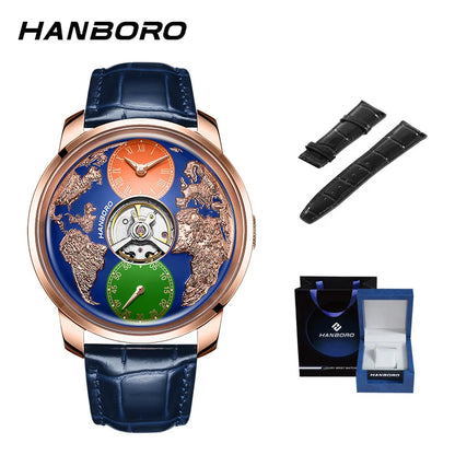 HANBORO World Time Series Men's Fully Automatic Mechanical Watch with Hollow Flywheel World Earth Personality Watch 1026