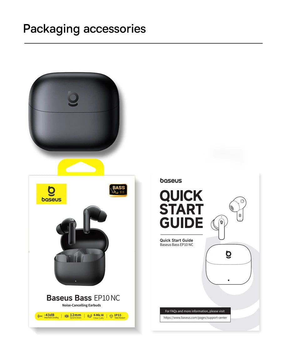Baseus Bass EP10 NC True Wireless Earbuds Bluetooth 6.0 – ANC Noise Cancelling Earbuds with 4-Mic AI Clear Calls & 41H Playtime