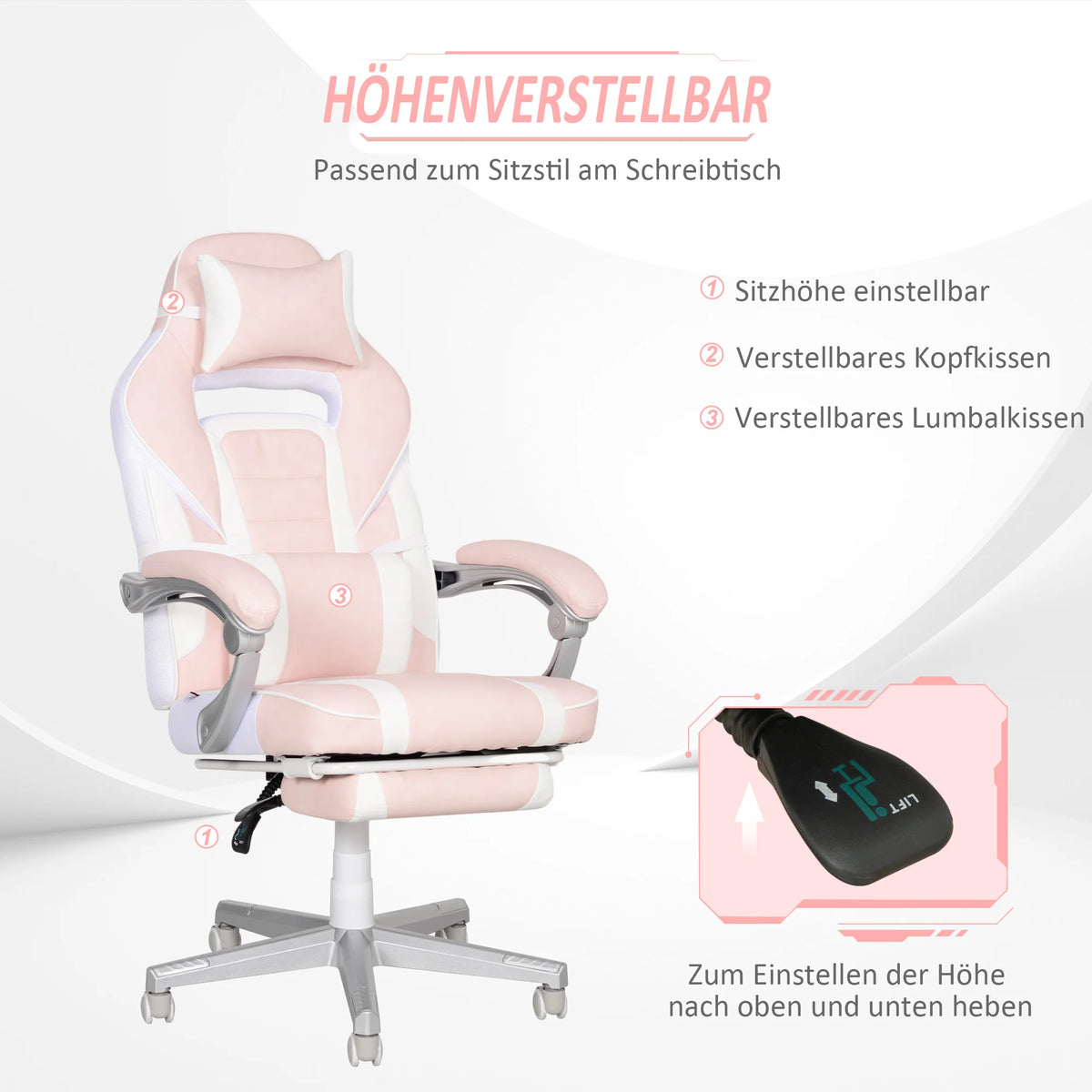 Pink Gaming Chair with Footrest, Adjustable High Back Gaming Chair with Headrest & Lumbar Pillow, 360° Swivel Ergonomic Faux Leather Gaming Chair for Office & Gaming