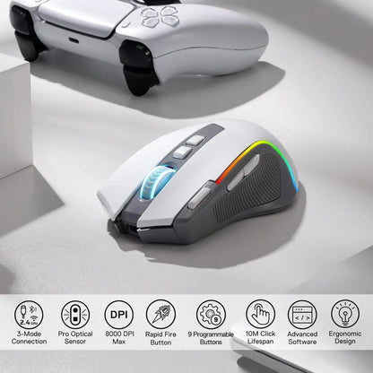 Redragon M612 PRO RGB Wireless Gaming Mouse, Tri-Mode Bluetooth 2.4G & Wired, 8000 DPI Optical Gaming Mouse, 9 Programmable Buttons, 7 RGB Backlit Modes