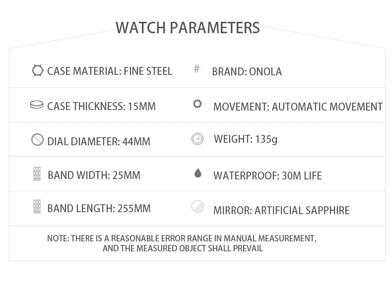 New Luxury Men Watch  ONOLA Fashion Fully Automatic Mechanical Watches Man Unique Design Waterproof Tape Watch Wristwatch