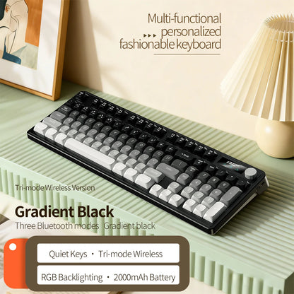 98 key Wireless Keyboard Knob Control BT/2.4g/Wired,RGB LED Backlight Display,2000mA Battery for PC/Laptop