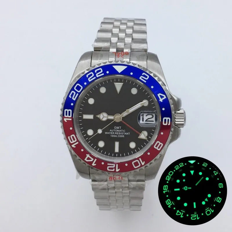 BLIGER 40mm NH34 GMT Watch For Men Mechanical Wristwatch Luminous Bezel Sapphire Glass Stainless Steel Bracelet Reloj Hombre