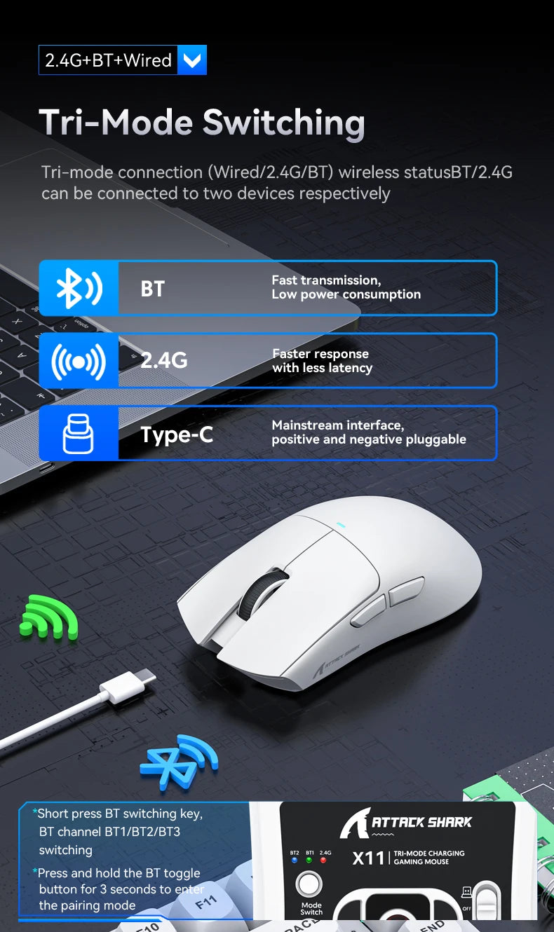 ATTACK SHARK X11 Lightweight Wireless Gaming Mouse, 22K DPI RGB Gaming Mouse with PAW3311 Optical Sensor, Tri-Mode Rechargeable Gaming Mouse
