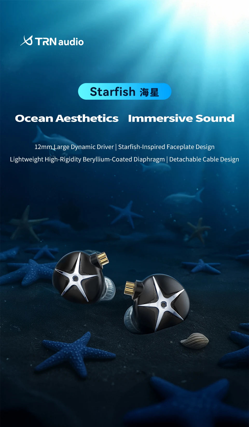 TRN Starfish HiFi Wired Earphones 12mm Dynamic Driver In-Ear Monitors with Beryllium Diaphragm, Detachable Cable Audiophile HiFi Headphones