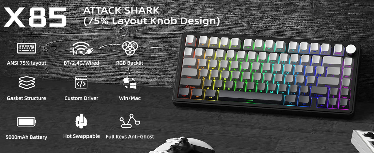 ATTACK SHARK X85 Tri-Mode Gasket Mechanical Keyboard 75% Wireless Hot Swappable RGB Gaming Keyboard with CNC Knob, 5-Layer Sound Dampening & NKRO