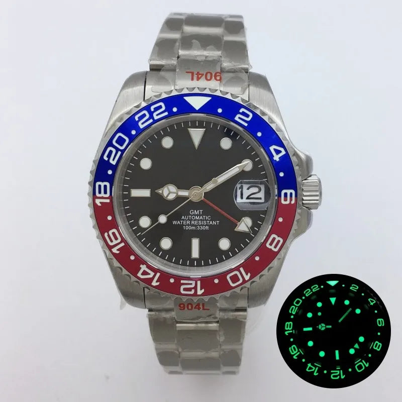 BLIGER 40mm NH34 GMT Watch For Men Mechanical Wristwatch Luminous Bezel Sapphire Glass Stainless Steel Bracelet Reloj Hombre