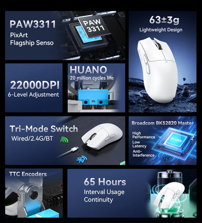 Mouse da gaming wireless ATTACK SHARK X11SE, tri-mode, ultraleggero 63g con sensore PAW3311, 22000 DPI, batteria 300mAh, doppio driver