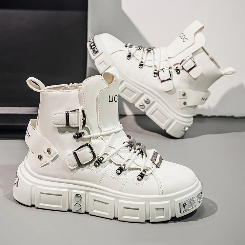 Fashion Rivet Black High top Sneakers Men Leather Design Luxury Shoes Street Gothic Punk Boots Men Motorcycle Boots Big Size 46