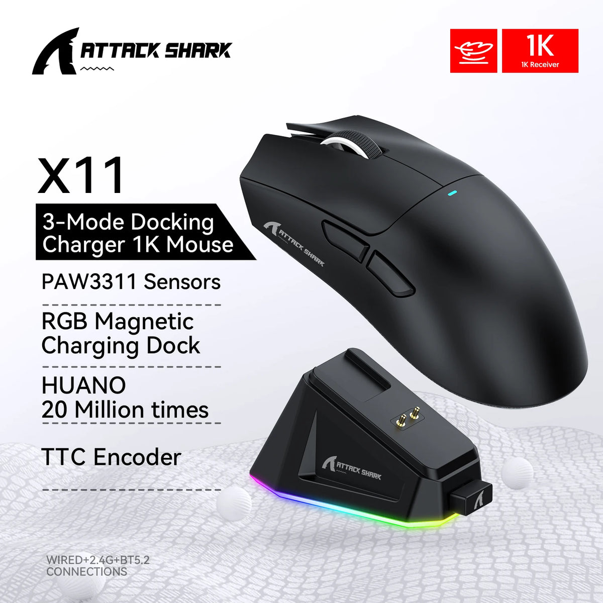 ATTACK SHARK X11 Tri-Mode Wireless Gaming Mouse 22000DPI PAW3311 Sensor Lightweight RGB Mouse with Fast Charging for PC Gaming
