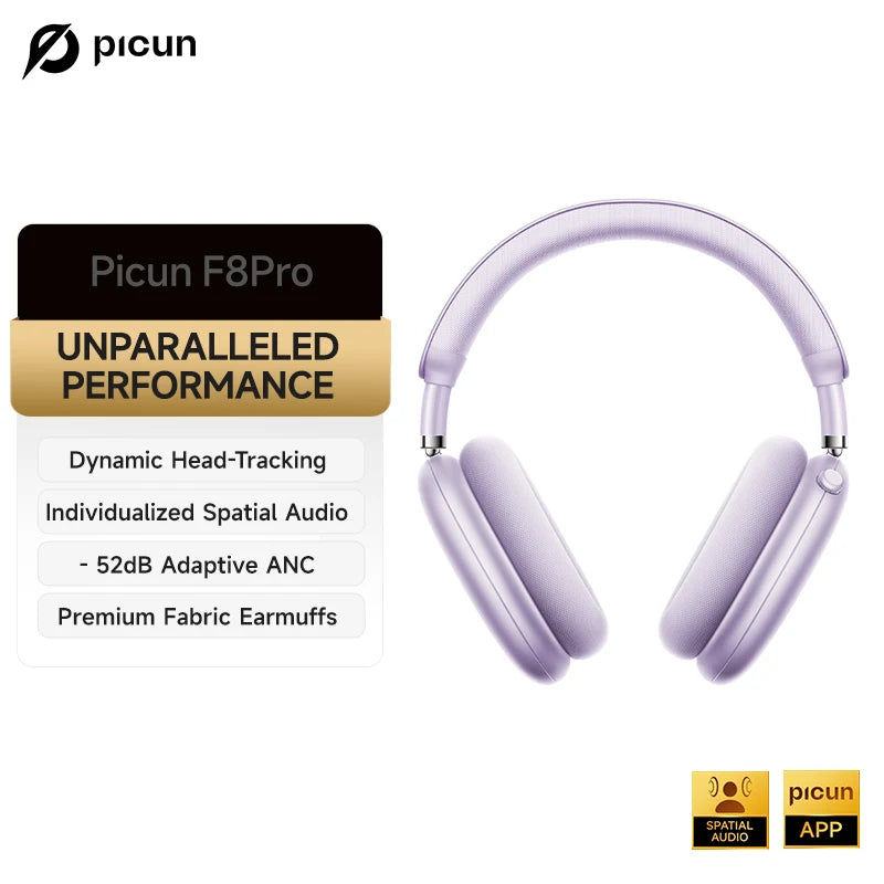 Picun F8 Pro ANC Wireless Headphones with 3D Spatial Audio, Bluetooth 5.4 Head Tracking, -52dB Noise Cancelling, HiFi Gaming Headset
