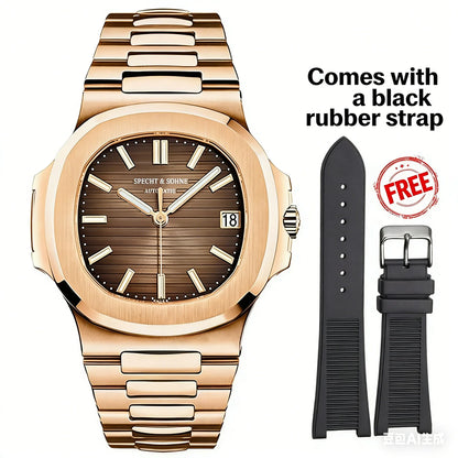 Relógio de homem Specht & Söhne 40 mm em ouro rosa, Japão, Miyota 8215, mecânico automático, aço, cristal de safira, resistente à água até 50 m