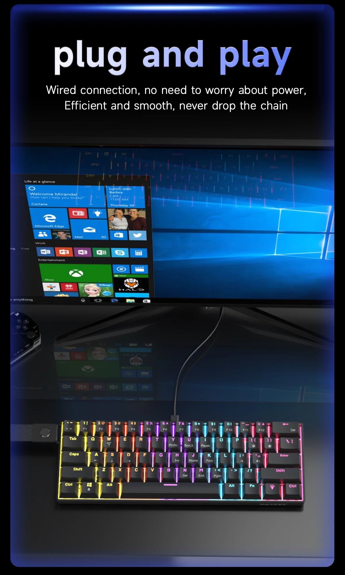 AJAZZ NK61 Wired 61-Key Gaming Mechanical Keyboard 60% RGB Lighting Hot-Swappable Red Switches 61 Keys Suitable for Gamers