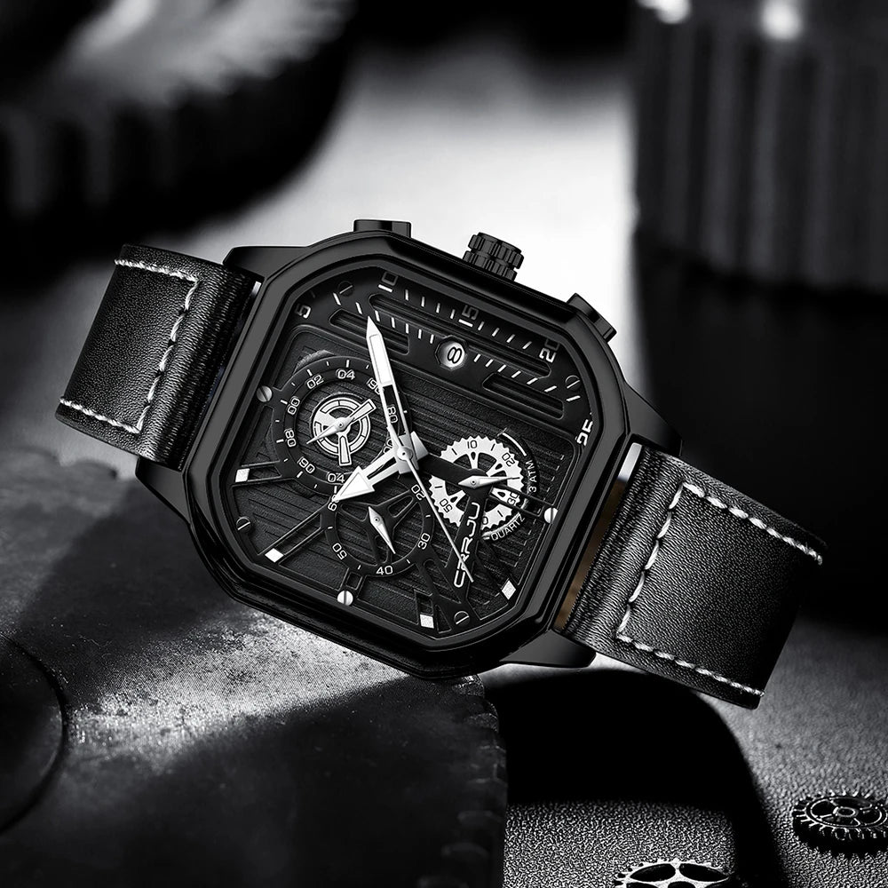 CRRJU Fashion Square Dial Leather Mens Watches Luxury Sport Waterproof Watch Man Chronograph Quartz WristWatches Homme+Box