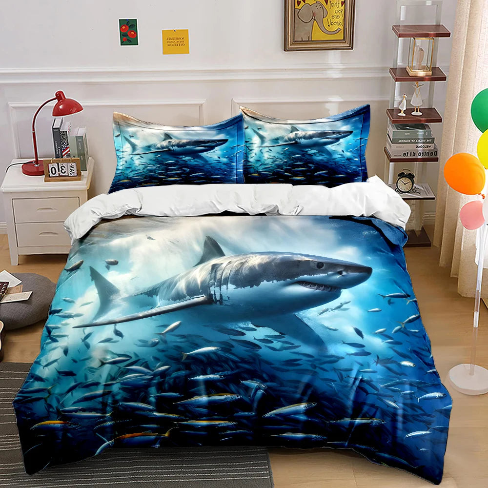 Shark swimming through fish swarm Print Soft Comfortable Duvet Cover Bedding Set Included 1*Duvet Cover  2*Pillowcases