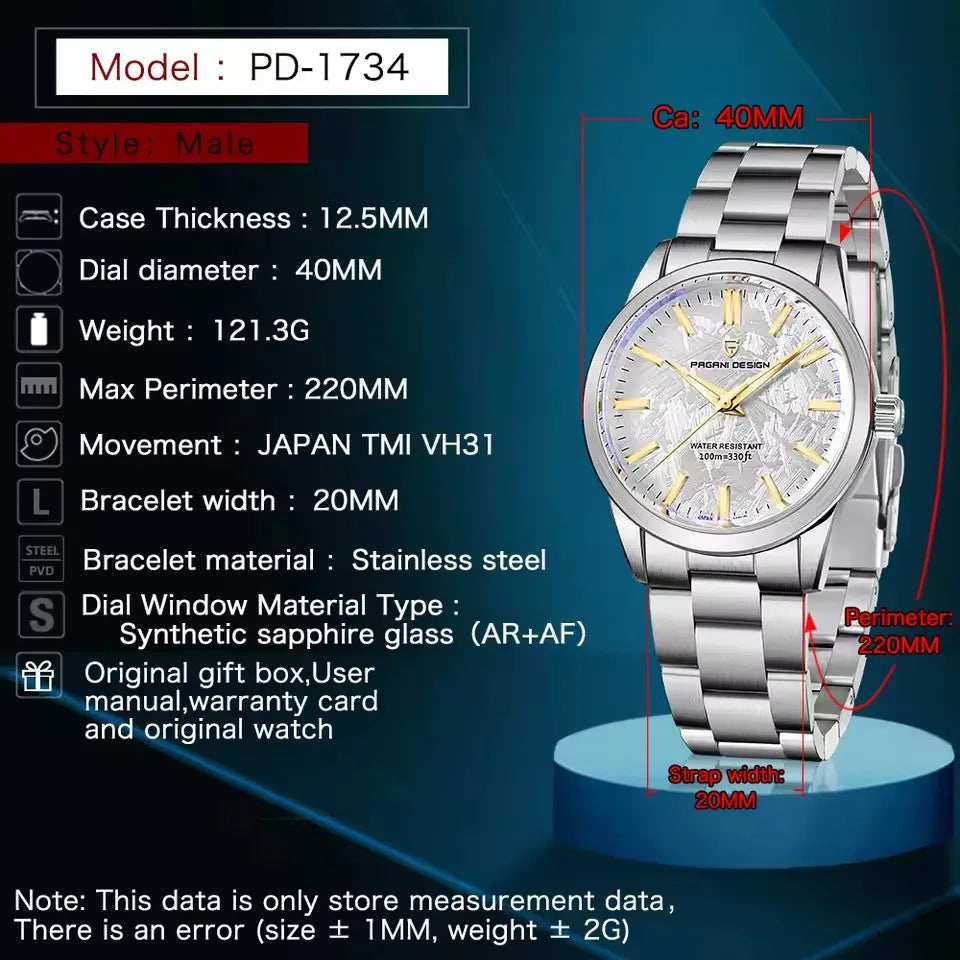 PAGANI DESIGN 40MM Orologio al quarzo da uomo con quadrante in meteorite, lusso business, zaffiro, acciaio inossidabile 316L, impermeabile 100M
