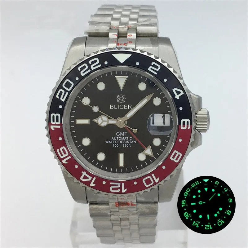 BLIGER 40mm NH34 GMT Watch For Men Mechanical Wristwatch Luminous Bezel Sapphire Glass Stainless Steel Bracelet Reloj Hombre