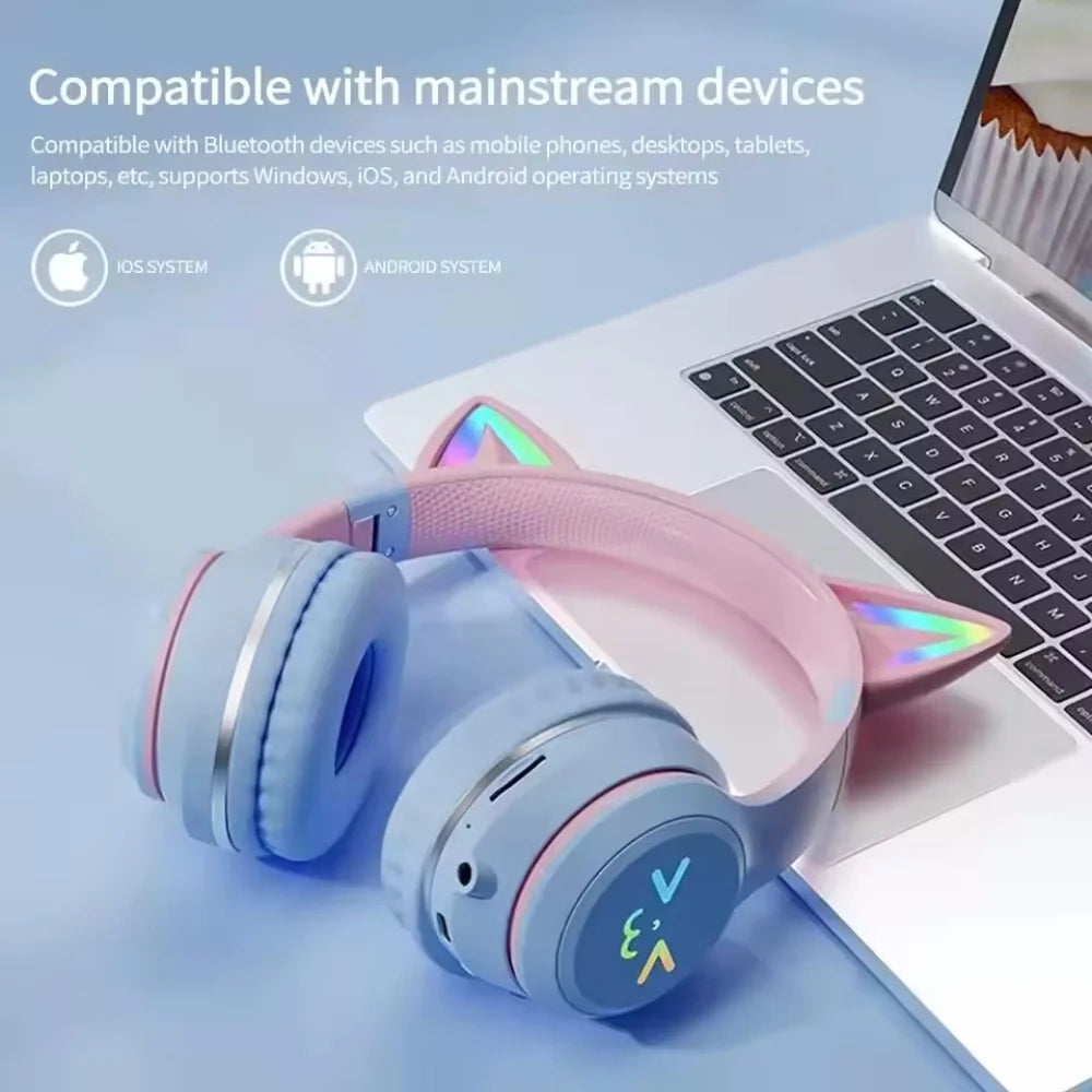 RGB Cat Ear Bluetooth Headphones Wireless Gaming Headset with Microphone, Cute LED Light Stereo Music Headphones for Kids Girls Gifts