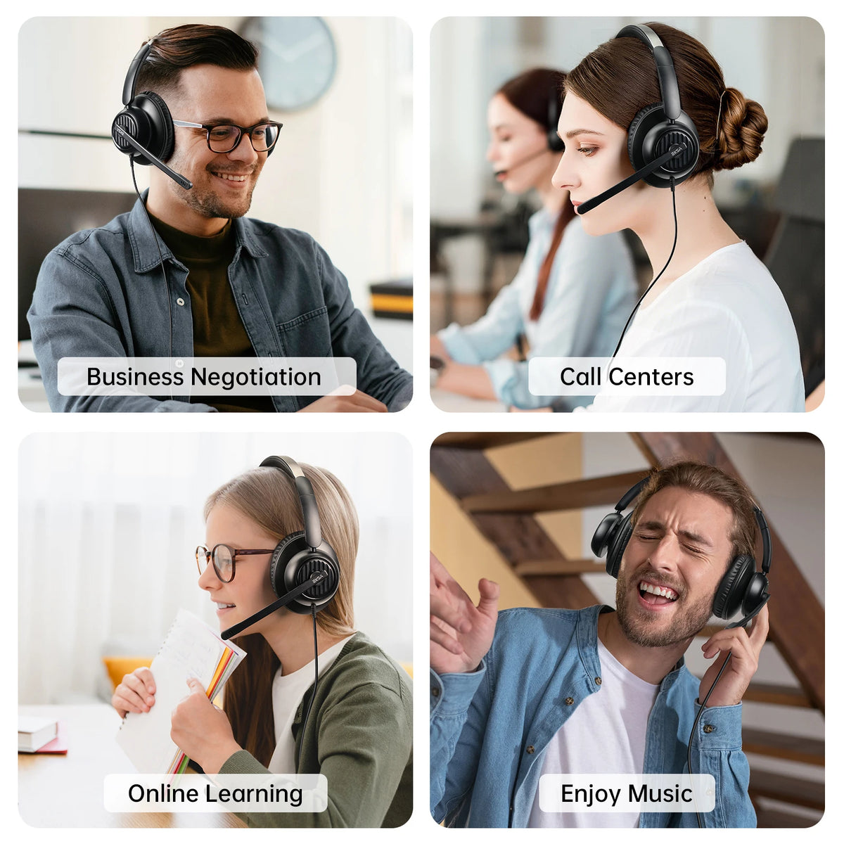 EKSA H8 Professional Office Headset with ENC Noise Cancelling Microphone, USB-A, USB-C & 3.5mm Wired Office Headset for PC, Laptop & Mobile