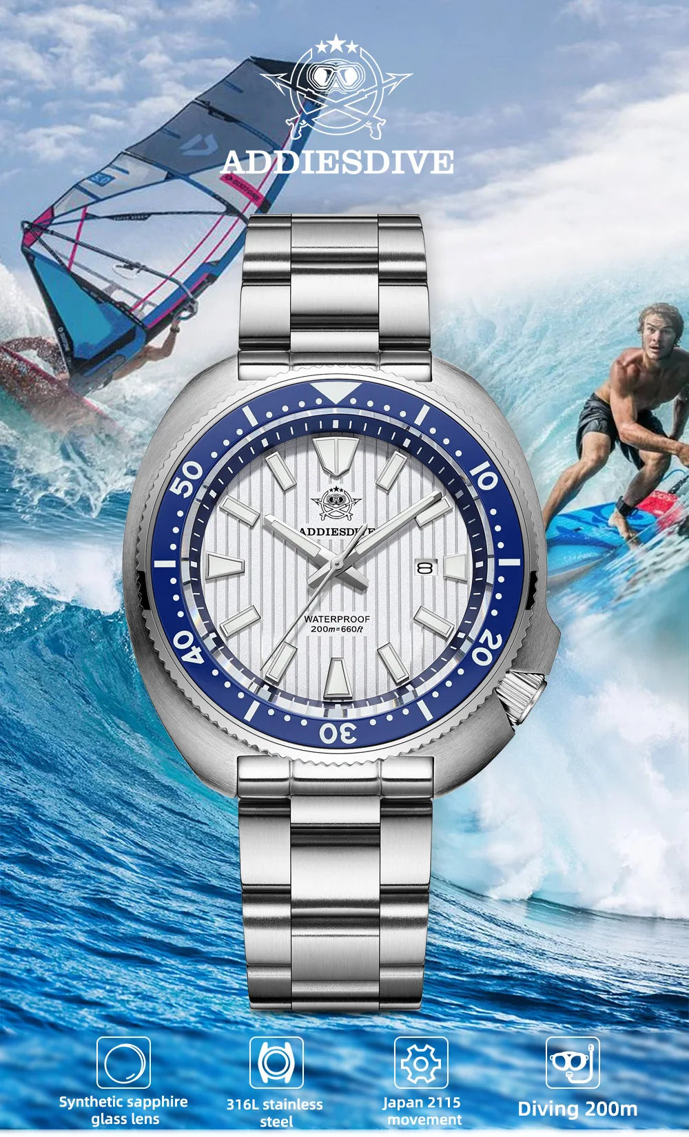 ADDIESDIVE Luxury Men's Watches Stainless Steel Sapphire Crystal Quartz Watch for Men Luminous 20Bar Waterproof NEW Wristwatches
