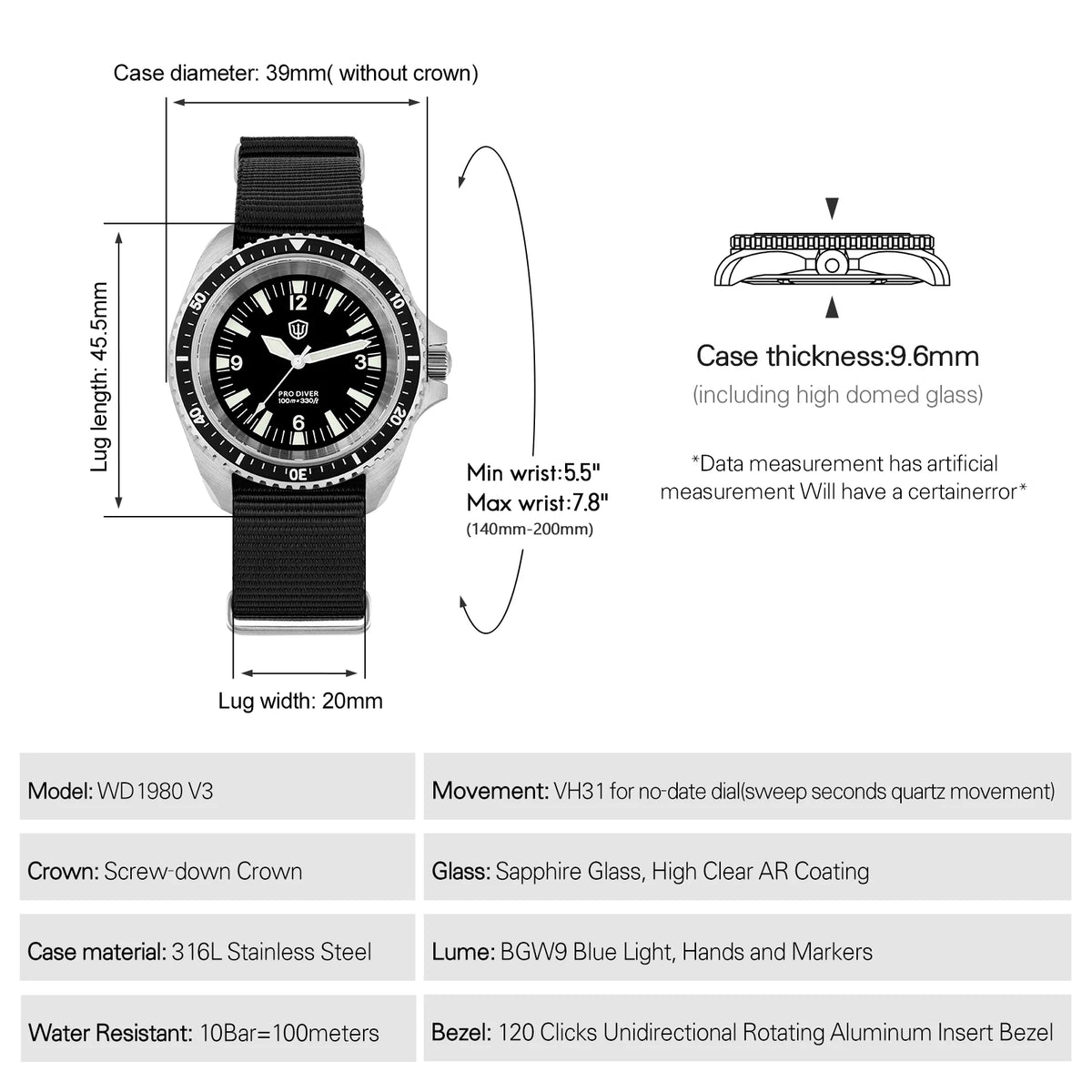Watchdives WD1980 V3 38mm Men Watch Vintage VH31 Ronda 515 Sweep Seconds Quartz Movement Watches Luminous Sapphire Wristwatch
