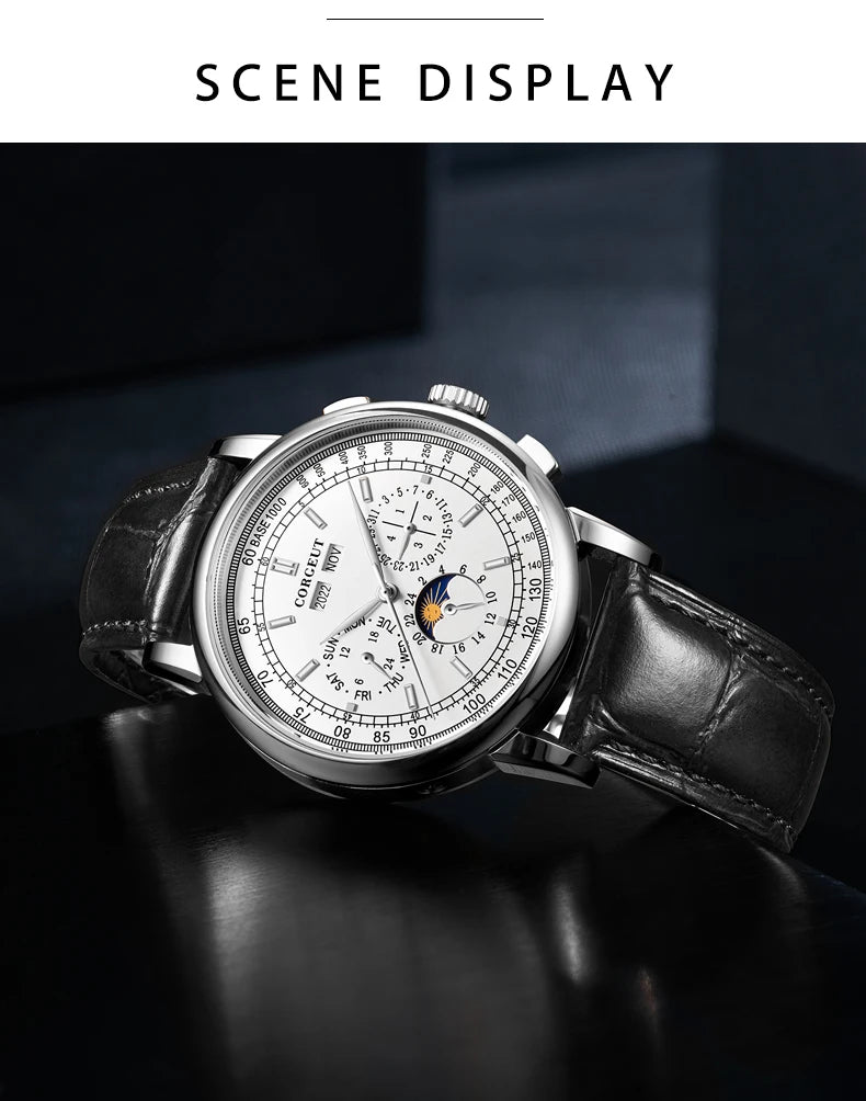 CORGEUT Automatic Mechanical Luxury Watches For Man Business Multification Date Day Month Year 316L Mechanical Men's Watches