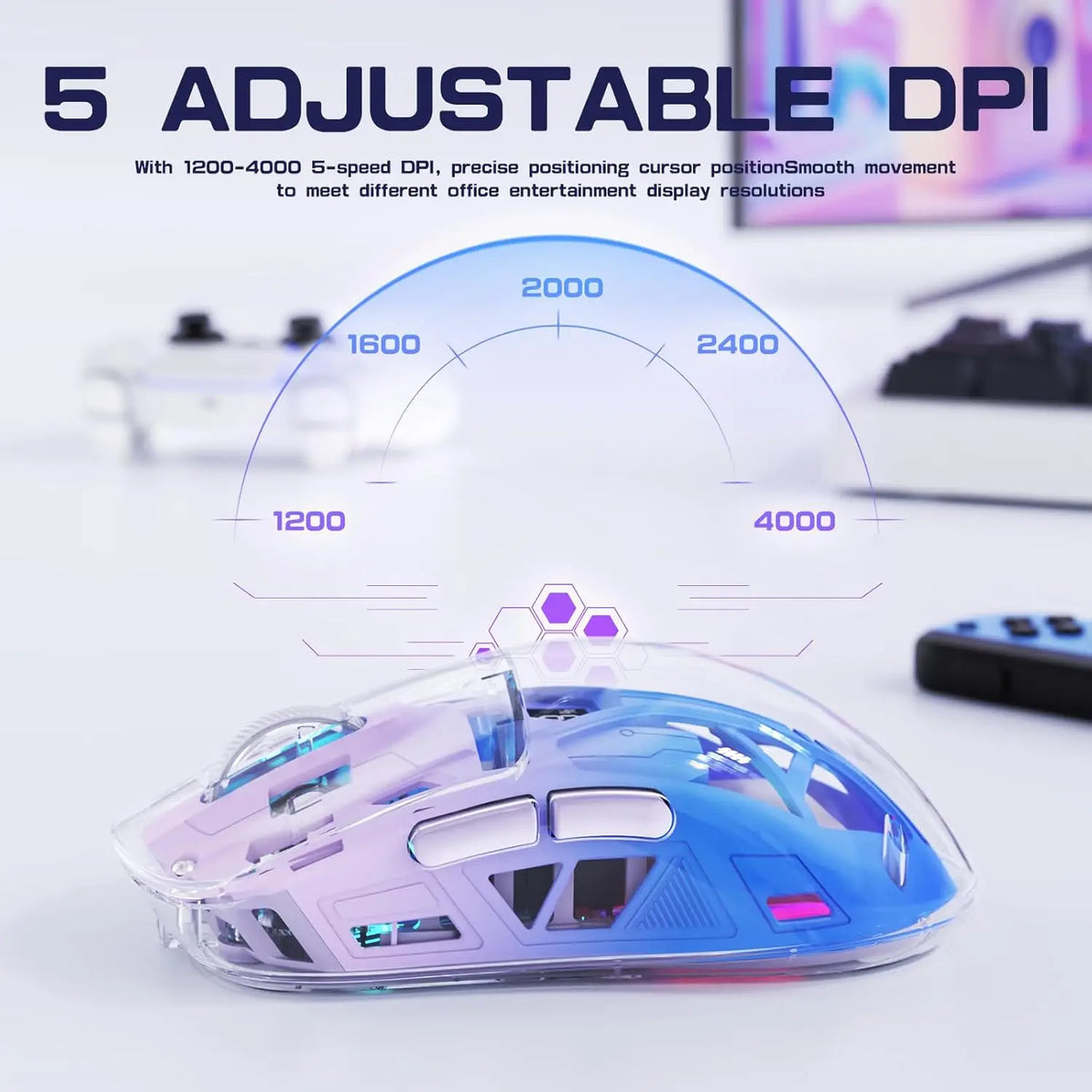 Brezžična gaming miška A2 Transparent, BT 5.0/2.4G za PC, polnilna RGB miška z digitalnim zaslonom, PixArt 3212, 5 nastavljivih DPI