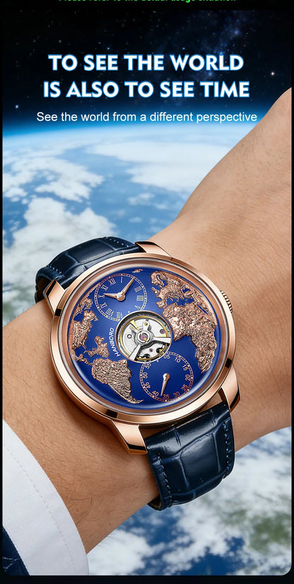 HANBORO World Time Series Men's Fully Automatic Mechanical Watch with Hollow Flywheel World Earth Personality Watch 1026
