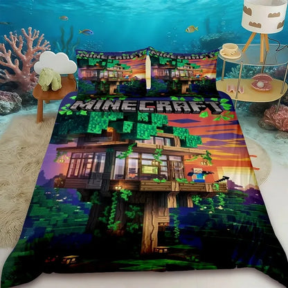 Cartoon Children Duvet Cover Minecraft Cartoon Quilt Cover Bedding Set Queen King Full Size with 1/2 Pillocase Bedroom