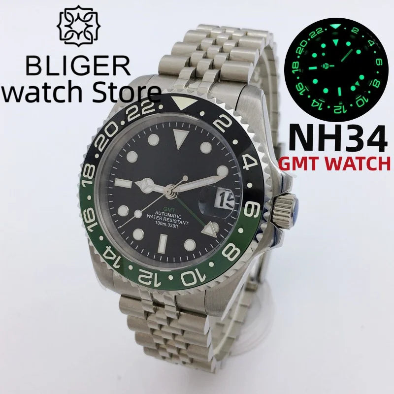 BLIGER 40mm NH34 GMT Watch For Men Mechanical Wristwatch Luminous Bezel Sapphire Glass Stainless Steel Bracelet Reloj Hombre