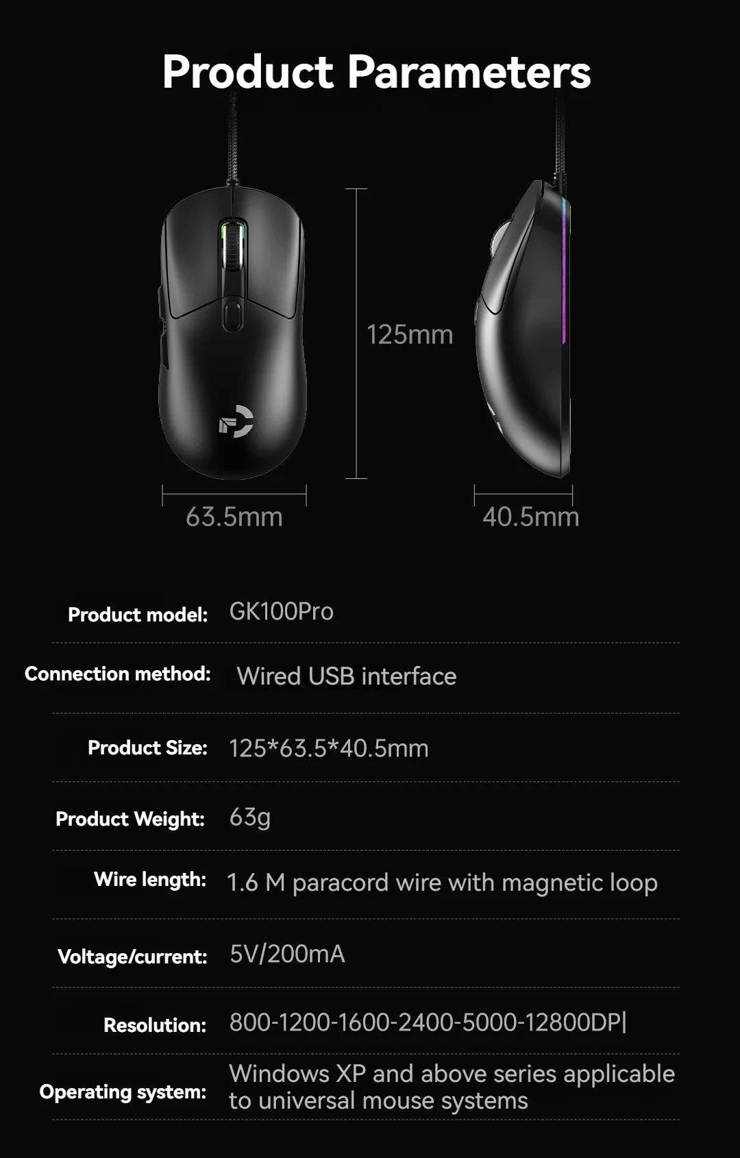 Ratón gaming con cable, 6 niveles de DPI ajustables hasta 12800DPI, chip A825 instantáneo, RGB, programación de macros, diseño ergonómico, ratón universal
