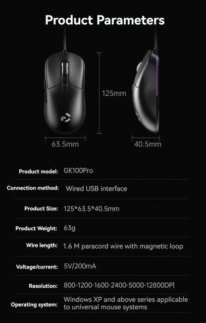 Ratón gaming con cable, 6 niveles de DPI ajustables hasta 12800DPI, chip A825 instantáneo, RGB, programación de macros, diseño ergonómico, ratón universal