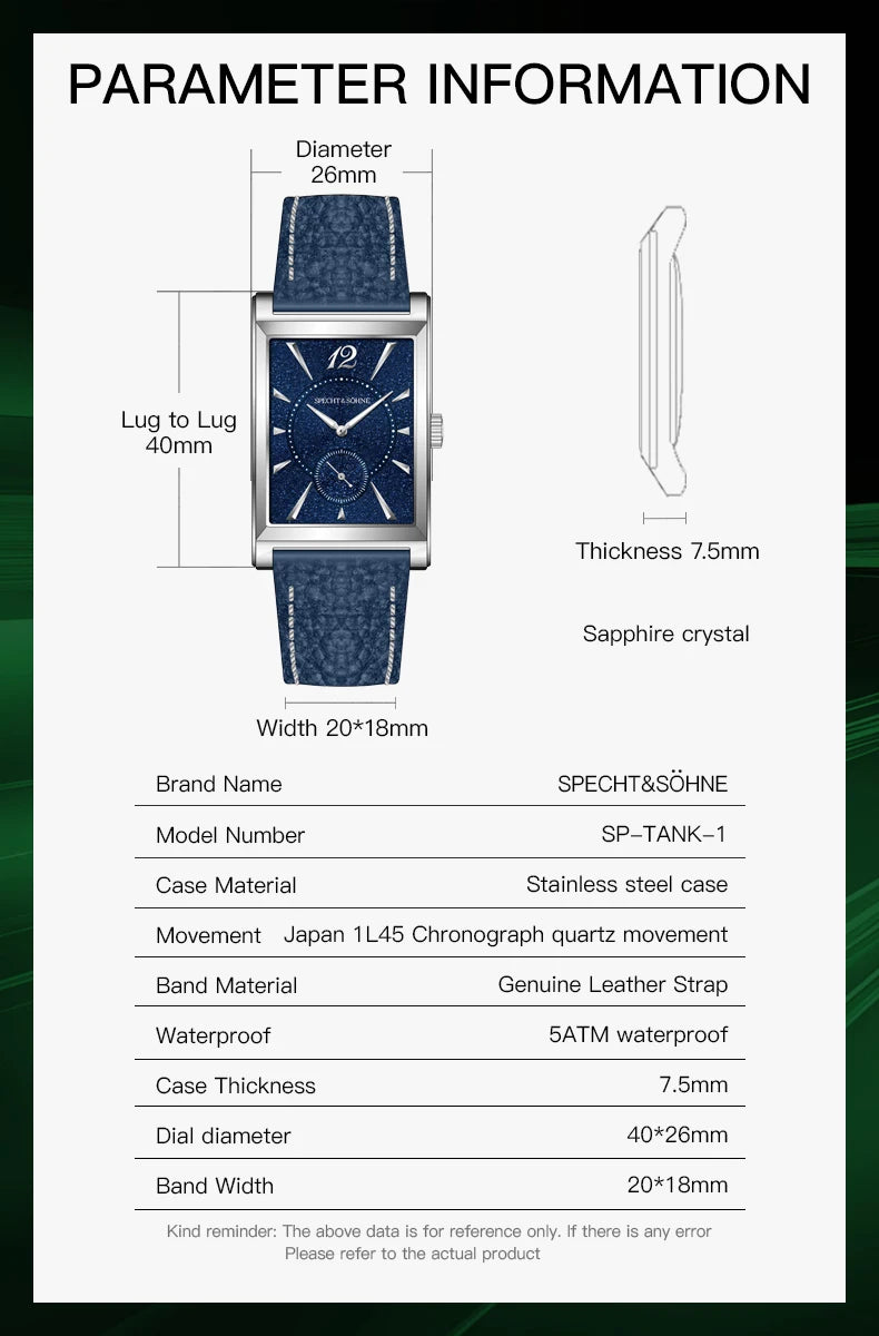 2026 Specht&Söhne Ultra Thin 7.5mm Rectangular Watch Japan Quartz Movt Small Seconds Sandblasted Dial Grey Leather Strap Watch