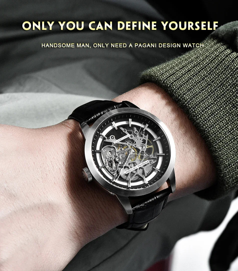 PAGANI DESIGN Business Man Watch Luxury Skeleton Hollow Leather Men's Wristwatch New Mechanical Male Clock Relogio Masculino