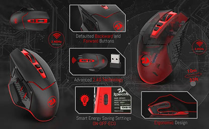 Ratón gaming inalámbrico Redragon M690-1 2.4Ghz con cambio de DPI, 2 botones laterales, 2400 DPI, diseño ergonómico, 8 botones - Negro