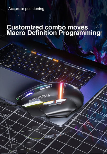 Ratón mecánico con cable AULA S12Pro 1000HZ 12800DPI RGB de baja latencia con macros configurables para esports, accesorios gaming para PC