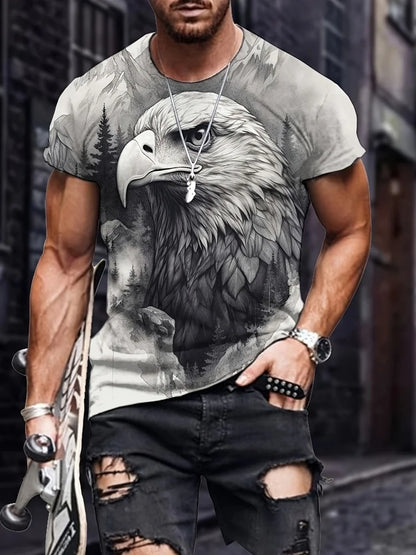 T-shirt patriótica para homem com estampado 3D de águia, gola redonda, manga curta, estilo casual, para verão, moda, atividades ao ar livre e vestuário masculino