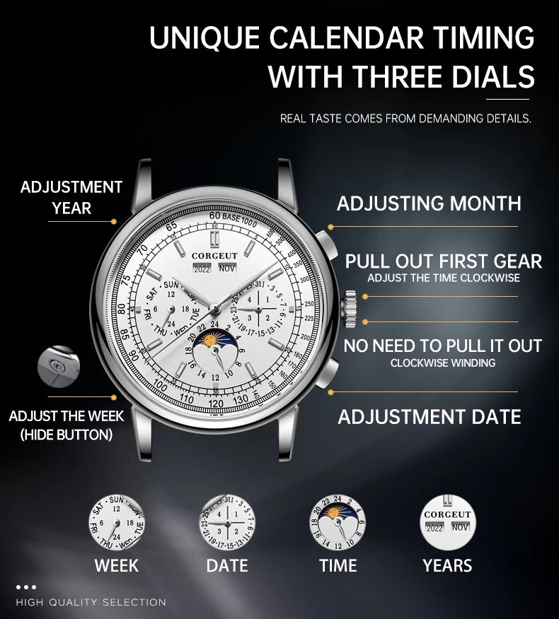 CORGEUT Automatic Mechanical Luxury Watches For Man Business Multification Date Day Month Year 316L Mechanical Men's Watches