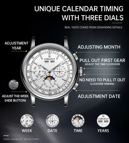 CORGEUT Automatic Mechanical Luxury Watches For Man Business Multification Date Day Month Year 316L Mechanical Men's Watches