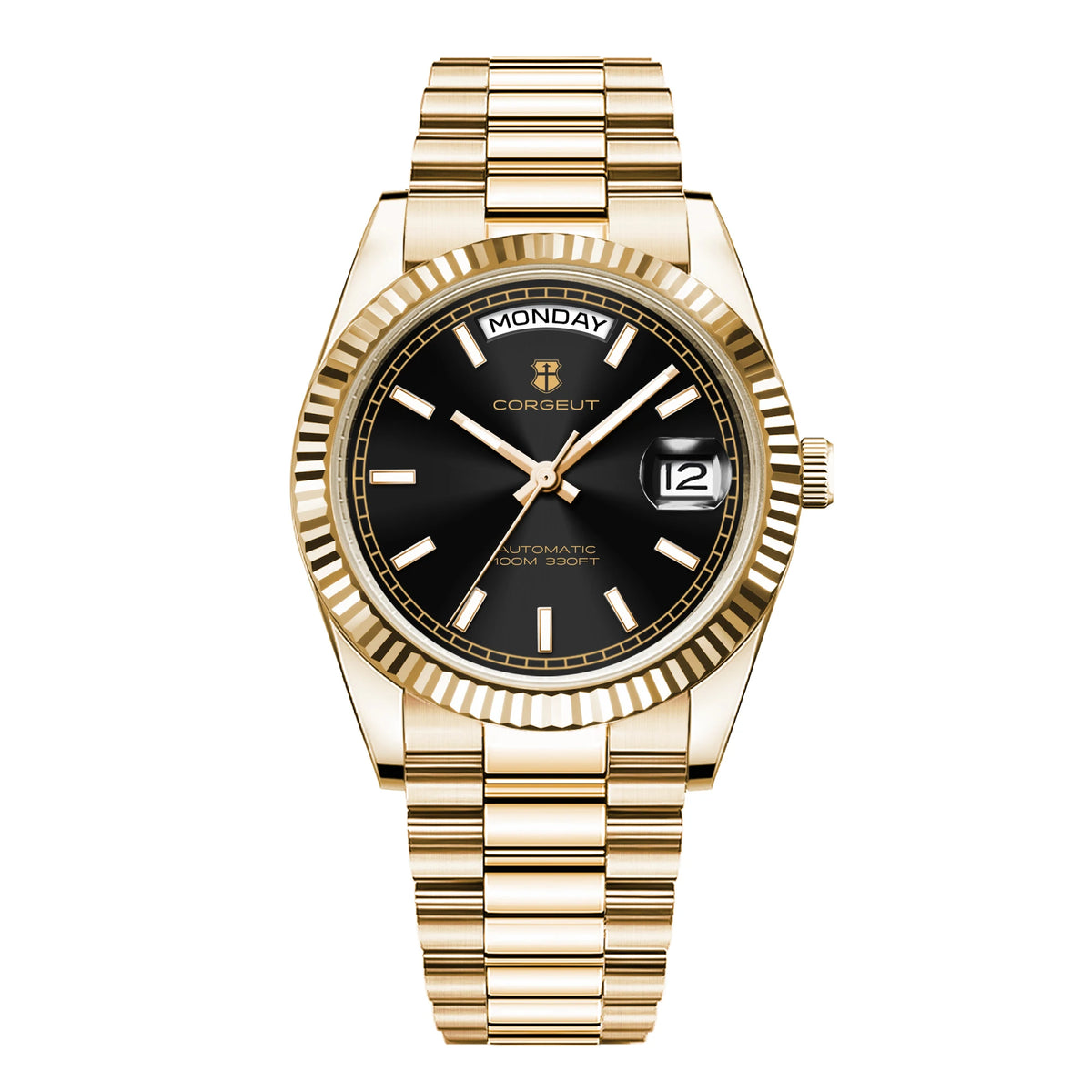 CORGEUT NH36 Mechanical Men's Watch Date of the Week Show President Chain Strap Steel Case Watch Threaded Arc Bezel waterp